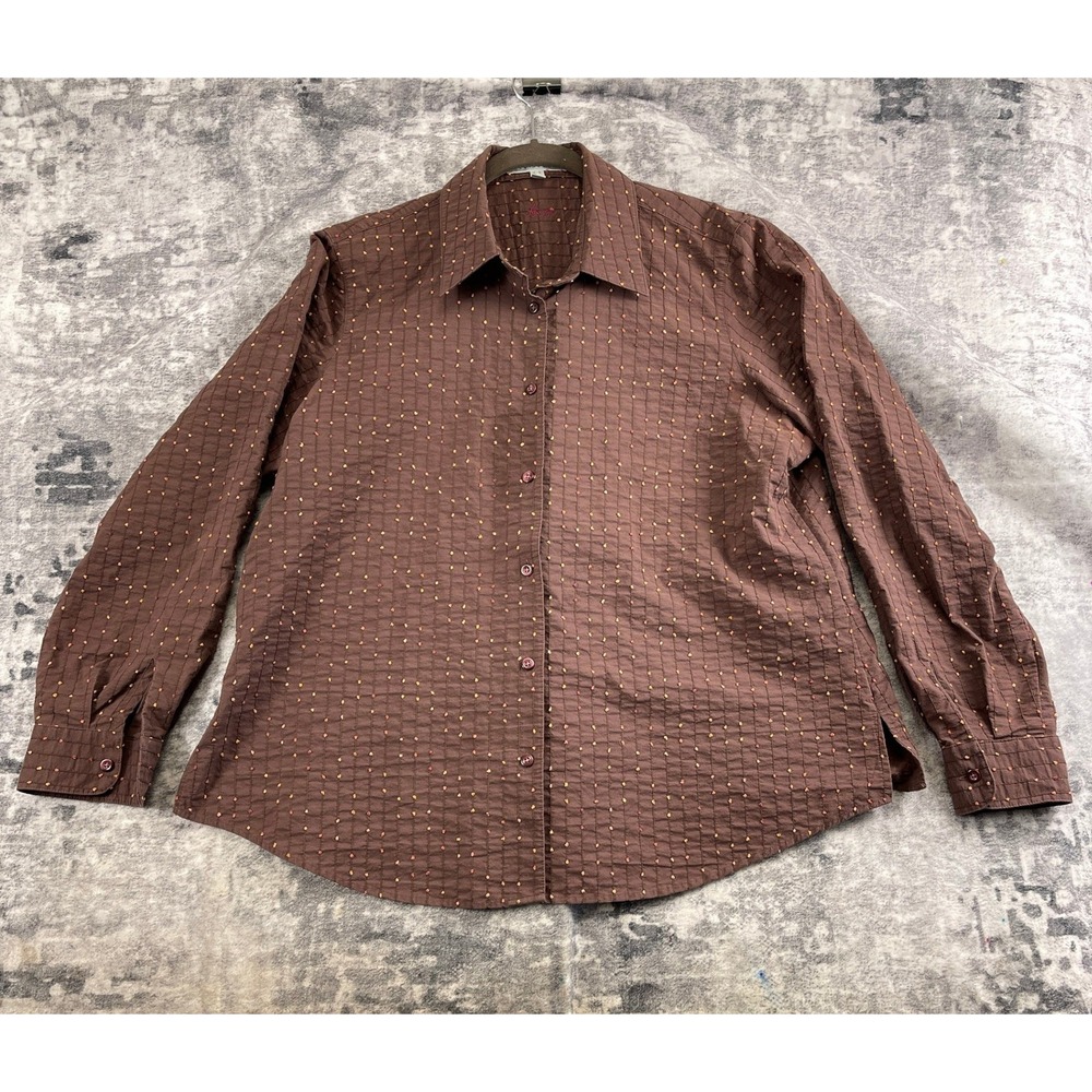 Foxcroft Women 14W Button Up Shirt Brown Textured Dot Long Sleeve Shaped Fit